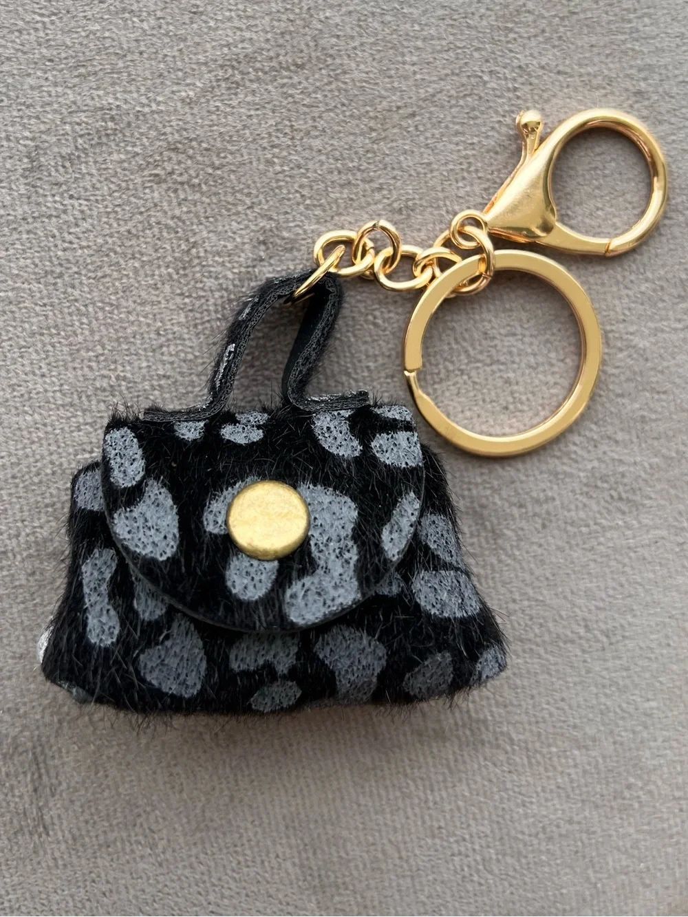 Mini Leopard Print Faux Fur Bag Charm Keychain with Gold Hardware